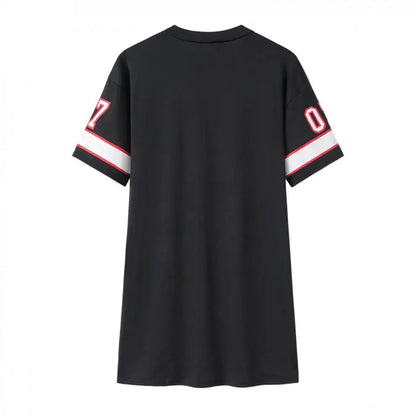 New Fashion V-Neck Queen Letters Print Dress Short Sleeve Basketball Sporty Style Sexy Loose Female Clothing Streetwear