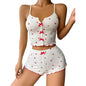 Sexy Heart Print Color Block Sleepwear Set with Front Slit and Strap Design