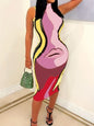 Casual High Neck Sleeveless Human Lips Print Slim Dress