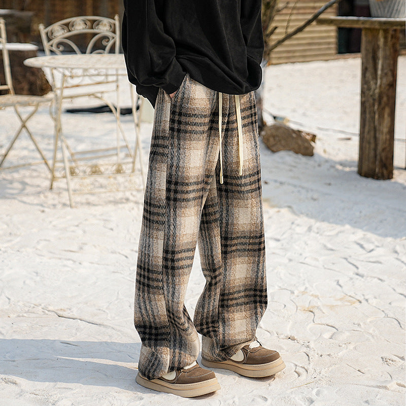Casual Checkered Wool Pants Men Plus Velvet Thickened Cotton Trousers Youth Loose Wide Leg Pants