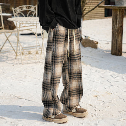 Casual Checkered Wool Pants Men Plus Velvet Thickened Cotton Trousers Youth Loose Wide Leg Pants