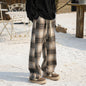 Casual Checkered Wool Pants Men Plus Velvet Thickened Cotton Trousers Youth Loose Wide Leg Pants