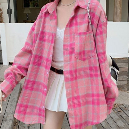 Rose Red Plaid Shirt Women's Mid-Length Loose Hong Style Retro Blouse Jacket