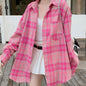 Rose Red Plaid Shirt Women's Mid-Length Loose Hong Style Retro Blouse Jacket