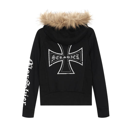 Detachable fur collar zipper hoodie short