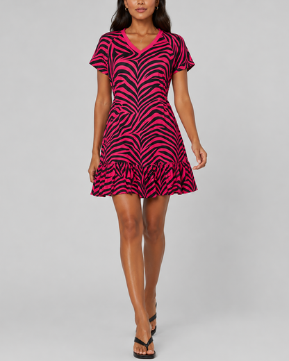Women's Fashion Color-Blocking Zebra Pattern Printed V-Neck Lotus Leaf Edge Short Sleeve Elastic Dress