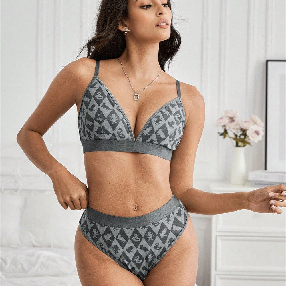 Leisure diamond grid animal base underwear split set