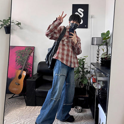 Ziyu Style Raw Hem Flared Denim Pants Men's Autumn Fashion Loose Wide Leg Straight Fit Versatile Long Pants