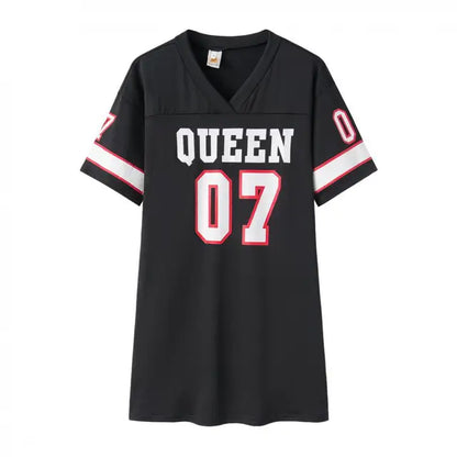 New Fashion V-Neck Queen Letters Print Dress Short Sleeve Basketball Sporty Style Sexy Loose Female Clothing Streetwear