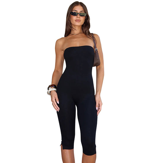 Sexy Sleeveless Solid Color Bandeau Long Jumpsuit for Women