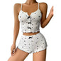 Sexy Heart Print Color Block Sleepwear Set with Front Slit and Strap Design
