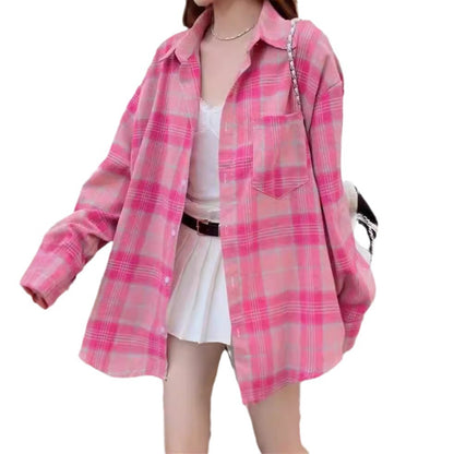 Rose Red Plaid Shirt Women's Mid-Length Loose Hong Style Retro Blouse Jacket