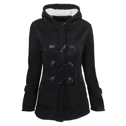 Cow horn button coat women's thick medium long hooded jacket cotton coat women