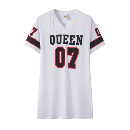 New Fashion V-Neck Queen Letters Print Dress Short Sleeve Basketball Sporty Style Sexy Loose Female Clothing Streetwear