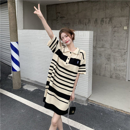 Knite Clothes For Lady Solid Korean Casual Loose Short Sleeve Long Tshirt Dress