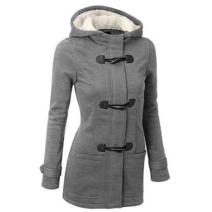 Cow horn button coat women's thick medium long hooded jacket cotton coat women