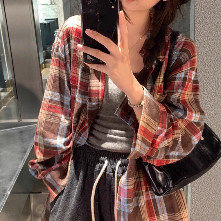 Retro Color Block Plaid Shirt Women Loose Fit Casual Sunscreen Blouse Top
