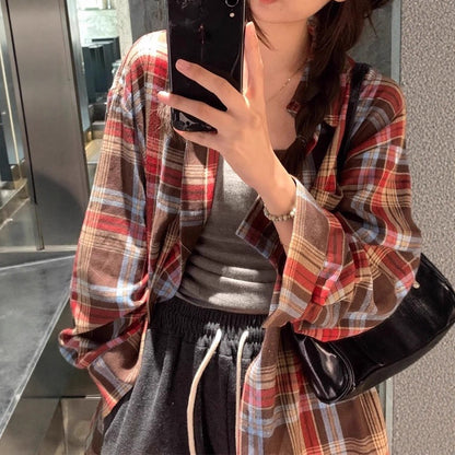 Retro Color Block Plaid Shirt Women Loose Fit Casual Sunscreen Blouse Top