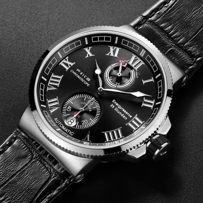 Luxury watch with black dial and leather strap on a dark background