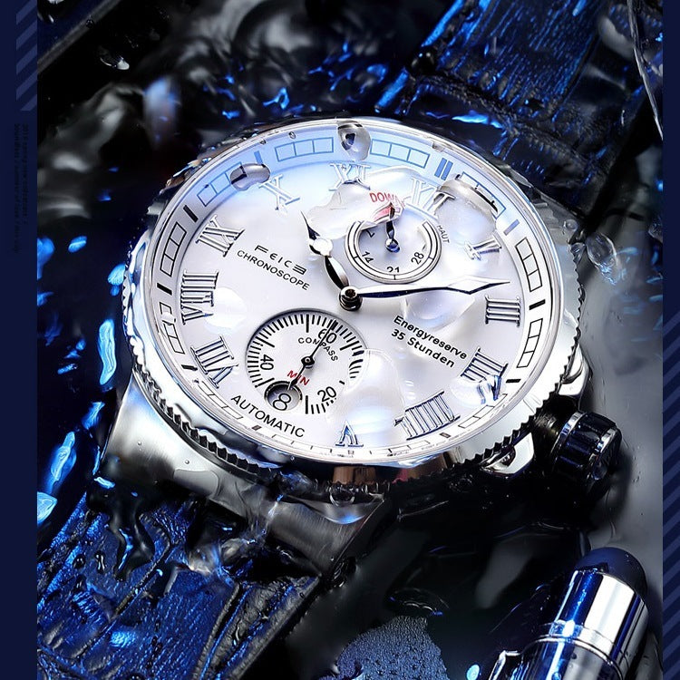 Silver watch with detailed face on a blue textured background