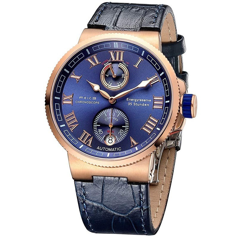 Luxury watch with blue face and rose gold case on a white background