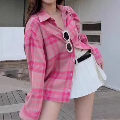 Rose Red Plaid Shirt Women's Mid-Length Loose Hong Style Retro Blouse Jacket