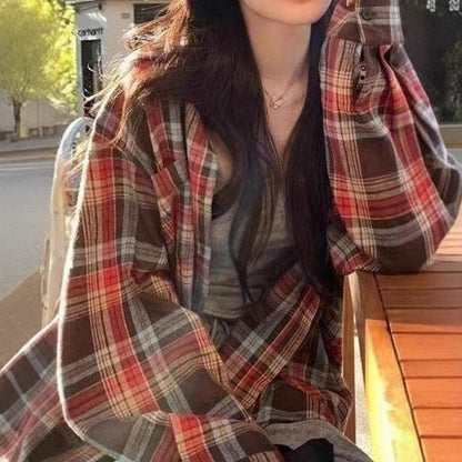 Retro Color Block Plaid Shirt Women Loose Fit Casual Sunscreen Blouse Top