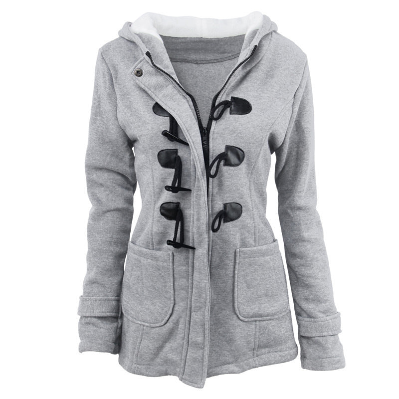 Cow horn button coat women's thick medium long hooded jacket cotton coat women