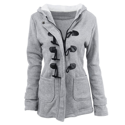 Cow horn button coat women's thick medium long hooded jacket cotton coat women