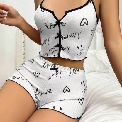 Sexy Heart Print Color Block Sleepwear Set with Front Slit and Strap Design