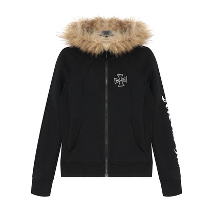 Detachable fur collar zipper hoodie short