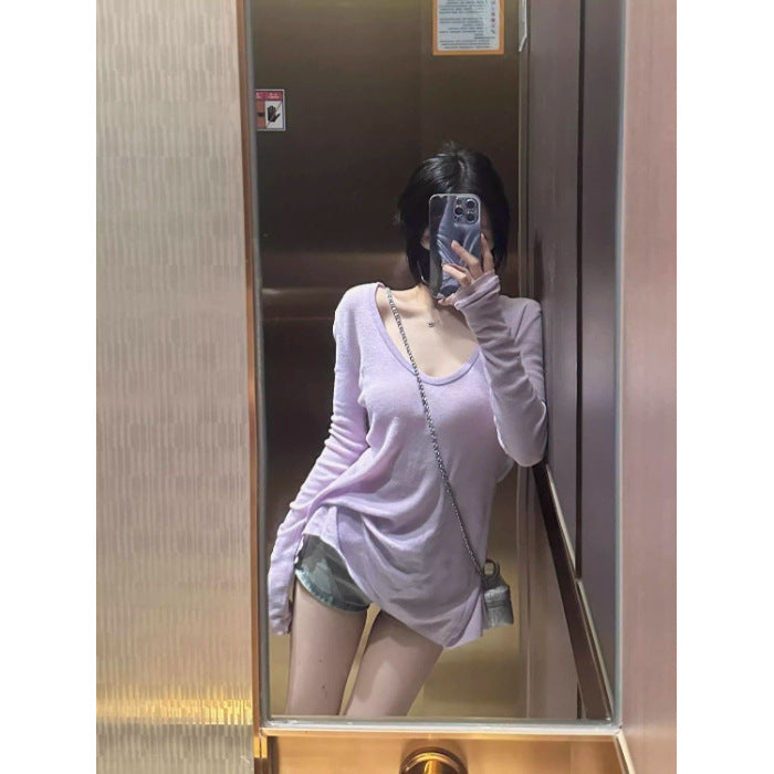 Casual Purple Long Sleeve T-Shirt for Women, Fitted Sweet and Spicy Style, U-Neck Sun Protection Top, Inner Layer Basic Shirt