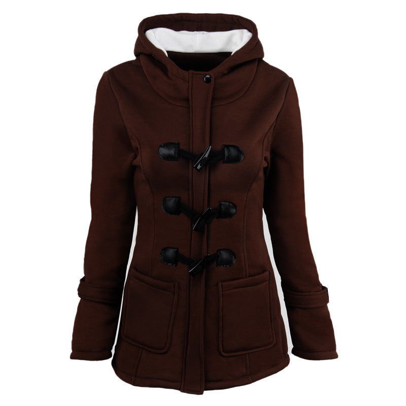 Cow horn button coat women's thick medium long hooded jacket cotton coat women