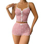 Sexy Heart Print Color Block Sleepwear Set with Front Slit and Strap Design