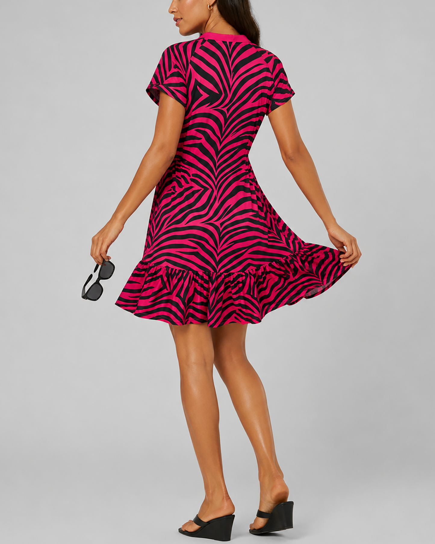Women's Fashion Color-Blocking Zebra Pattern Printed V-Neck Lotus Leaf Edge Short Sleeve Elastic Dress