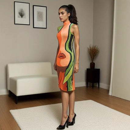 Casual High Neck Sleeveless Human Lips Print Slim Dress