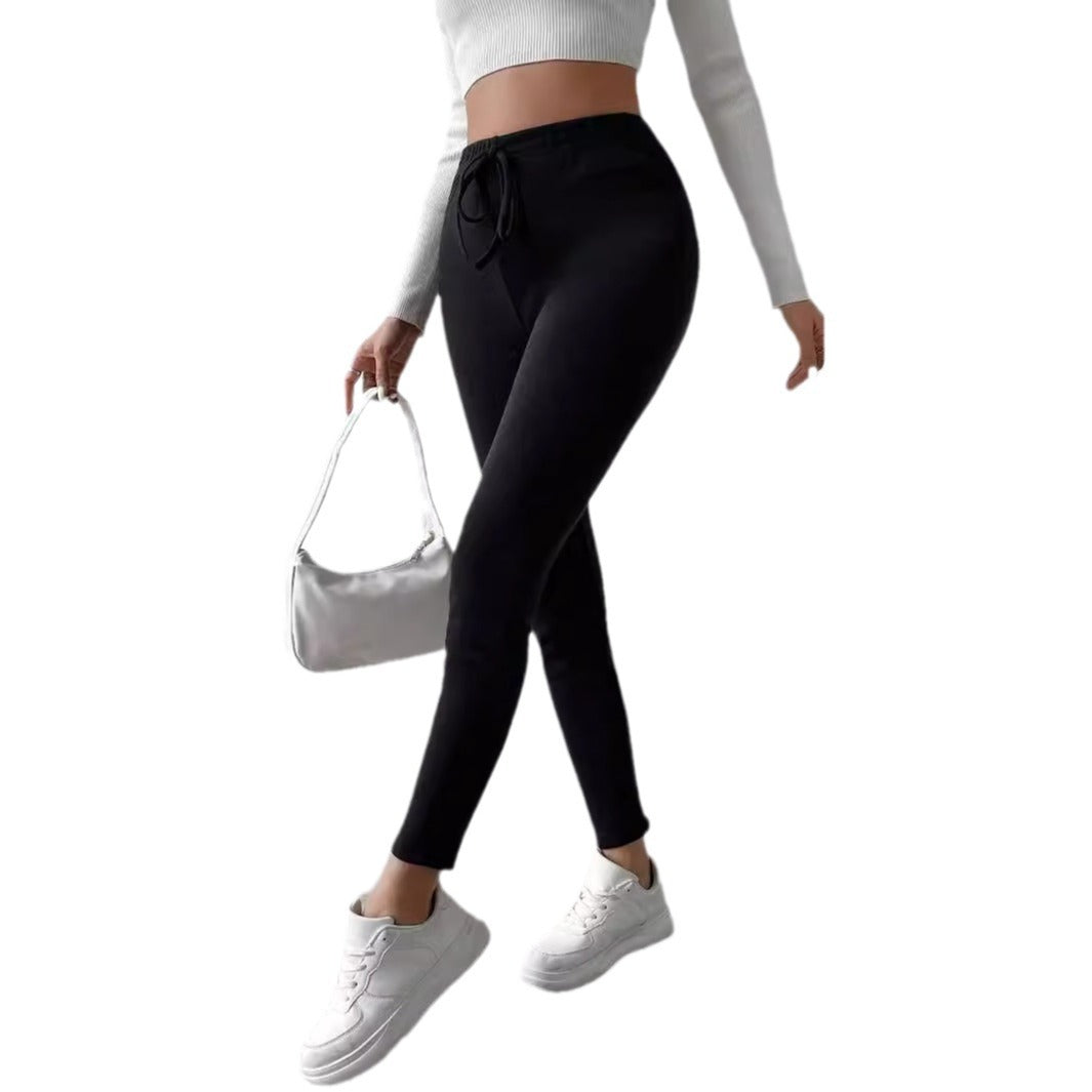 Pure Color Fleece Drawstring Slim Warm High-Waist Outerwear Leggings