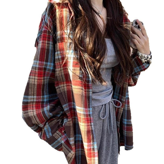 Retro Color Block Plaid Shirt Women Loose Fit Casual Sunscreen Blouse Top