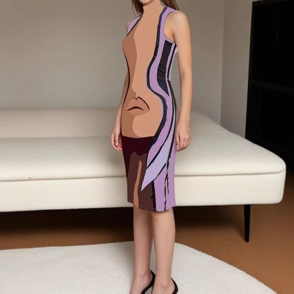 Casual High Neck Sleeveless Human Lips Print Slim Dress