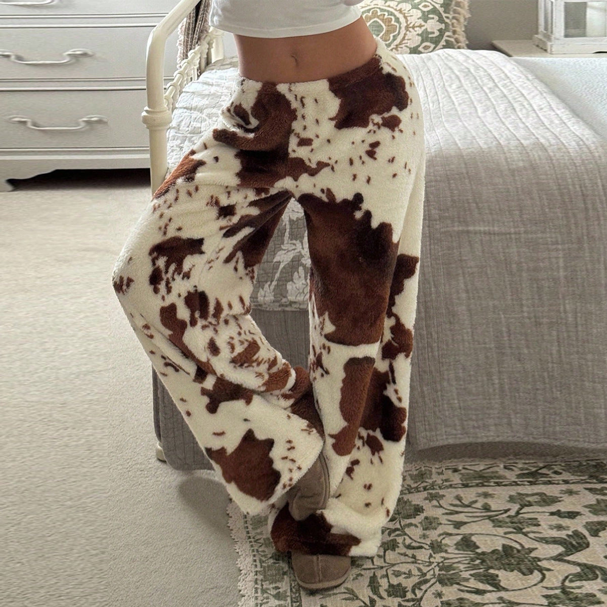 Loose printed fleece casual pants for women