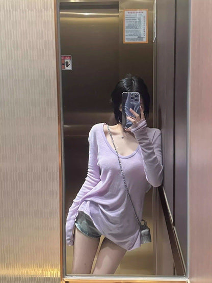 Casual Purple Long Sleeve T-Shirt for Women, Fitted Sweet and Spicy Style, U-Neck Sun Protection Top, Inner Layer Basic Shirt
