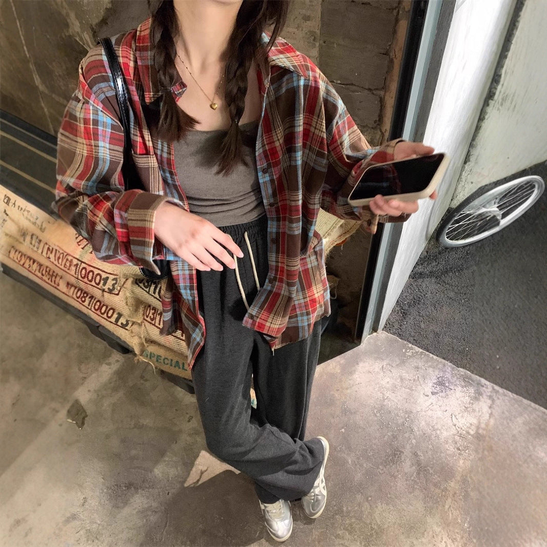 Retro Color Block Plaid Shirt Women Loose Fit Casual Sunscreen Blouse Top
