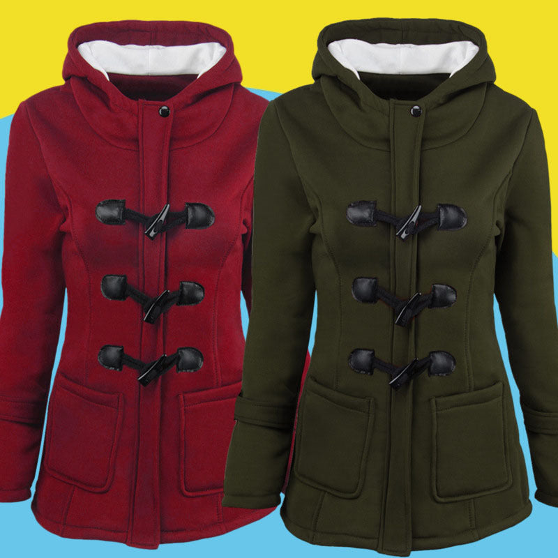 Cow horn button coat women's thick medium long hooded jacket cotton coat women