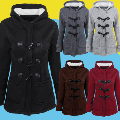 Cow horn button coat women's thick medium long hooded jacket cotton coat women