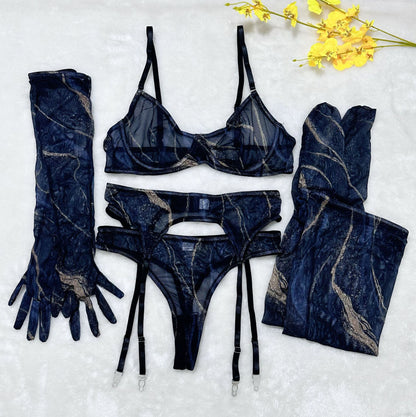 Tie-Dye Colorful Small Bust Gathering Mesh Sexy Lingerie Five-Piece Set for Women
