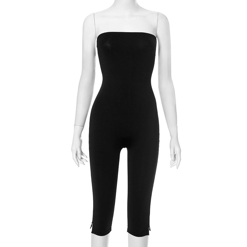 Sexy Sleeveless Solid Color Bandeau Long Jumpsuit for Women