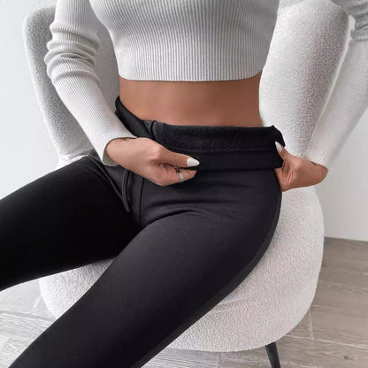 Pure Color Fleece Drawstring Slim Warm High-Waist Outerwear Leggings