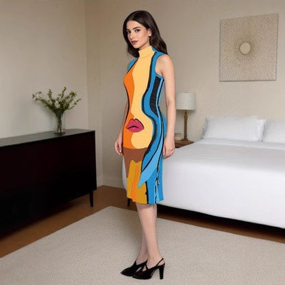 Casual High Neck Sleeveless Human Lips Print Slim Dress