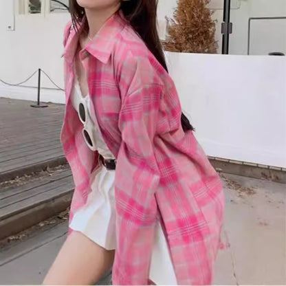 Rose Red Plaid Shirt Women's Mid-Length Loose Hong Style Retro Blouse Jacket