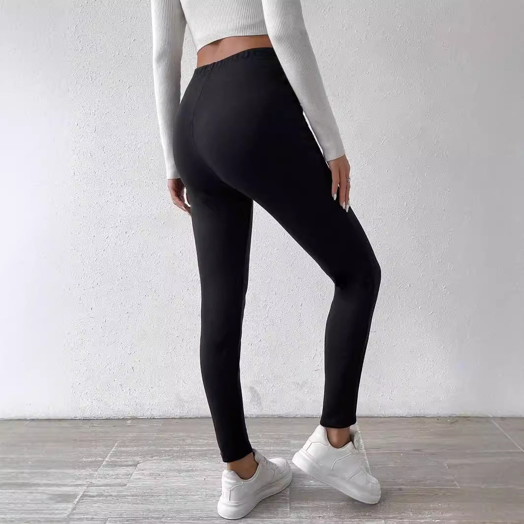 Pure Color Fleece Drawstring Slim Warm High-Waist Outerwear Leggings